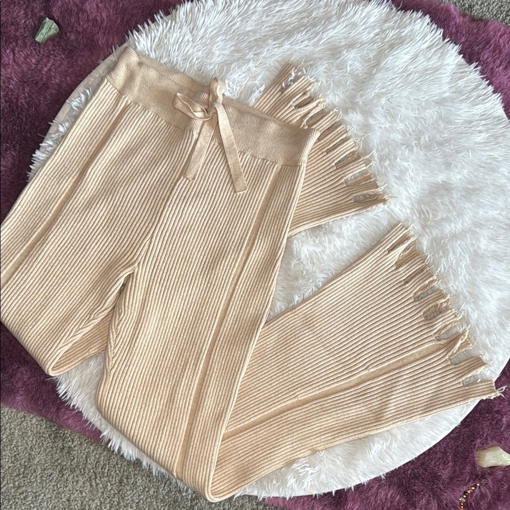 Ribbed Knit Cream Wide Leg Lounge Pants with Frayed and Distressed Hem